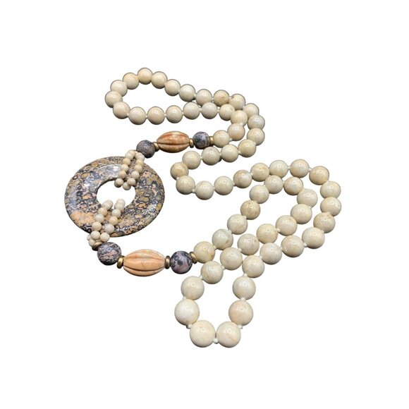 Stone Necklace Beaded Genuine Semi-Precious Gemstone Leopard Skin Hand Knotted - Picture 1 of 8